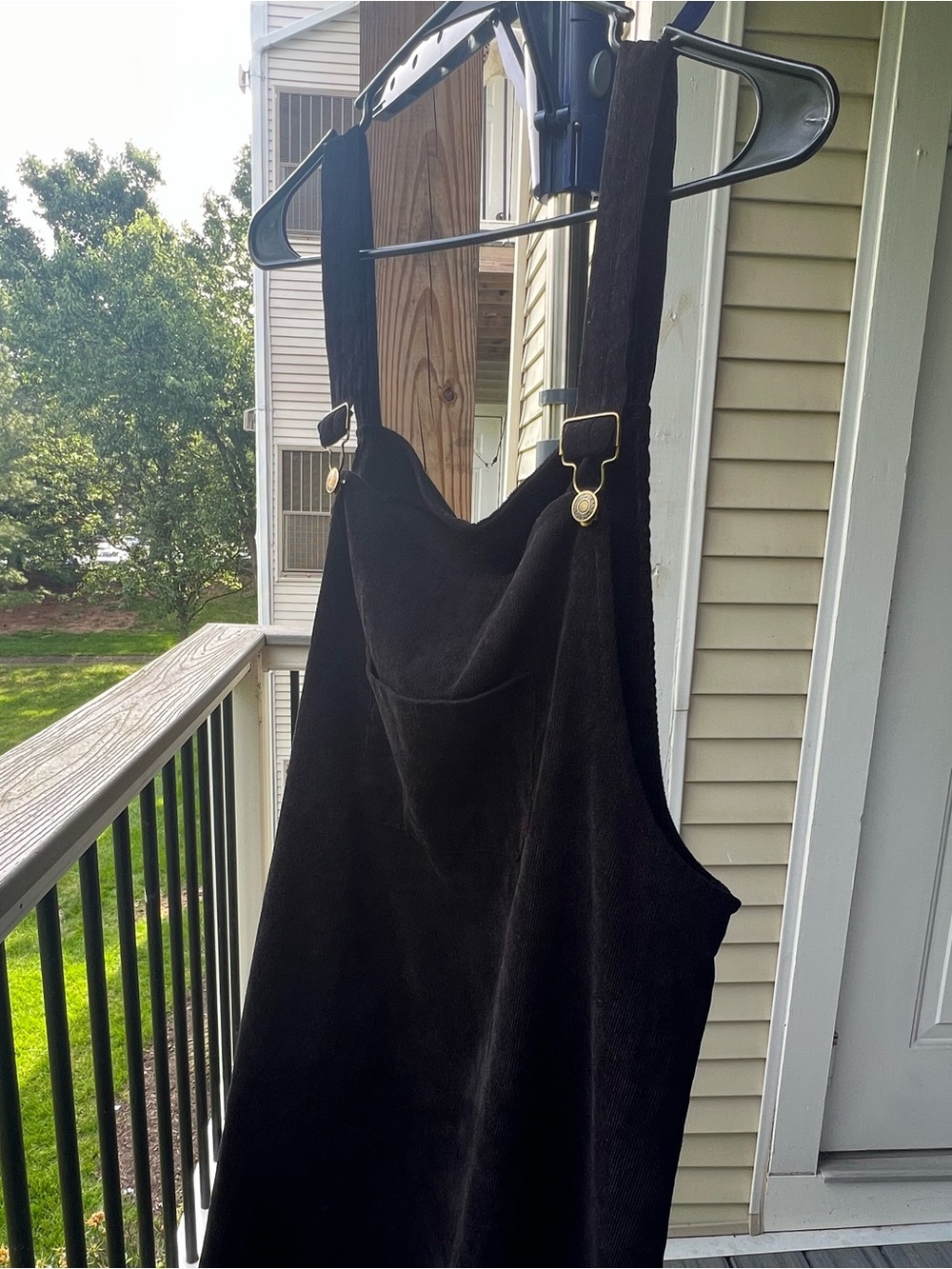 Black Corduroy Overalls Dress with Brass Hardware